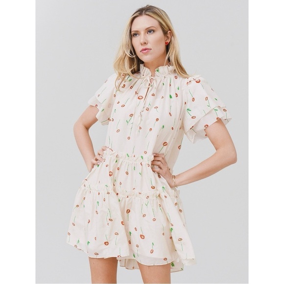 Hunter Bell Merritt Mini Dress Cream Cotton Silk Tiered Flutter Feminine L NWT - Picture 2 of 14